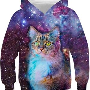 GLUDEAR Teen Unisex Novelty Cat Galaxy Hoodie Sweatshirt Pullover
